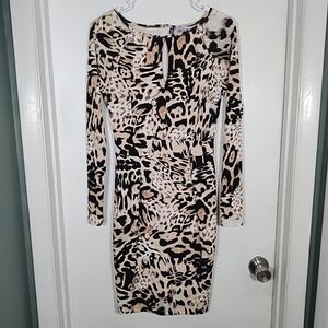 Jennifer Lopez Women's S Animal Print Dress Pencil Bodycon Long Sleeve Keyhole
